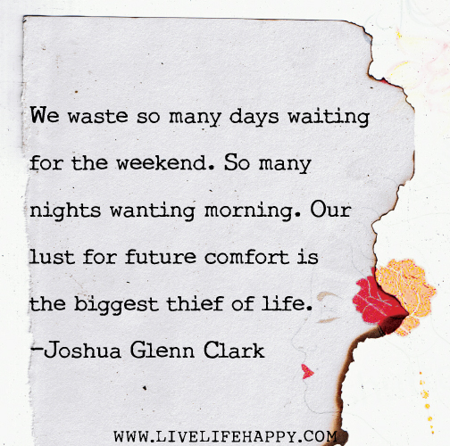 We waste so many days waiting for the weekend. So many nights wanting morning. Our lust for future comfort is the biggest thief of life. - Joshua Glenn Clark