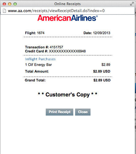 Receipt for an inflight purchase