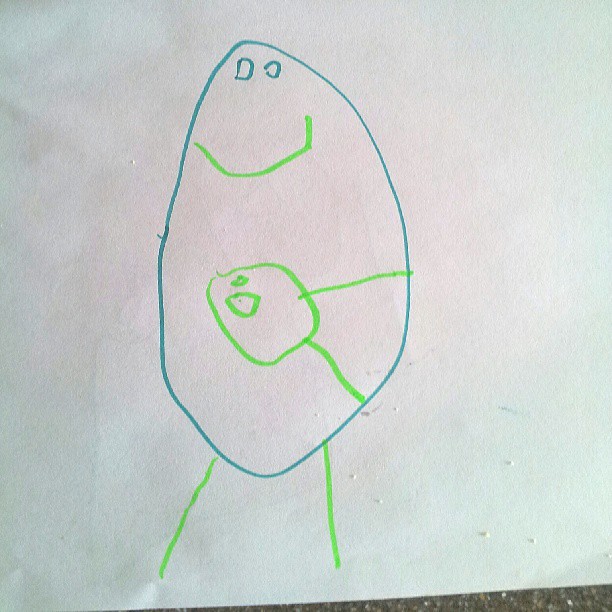 Drawn by Brayden. An egg with legs, and a baby in its belly kicking it.