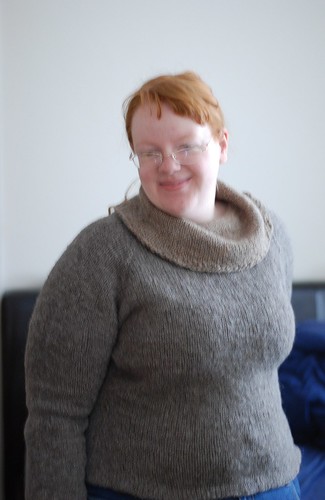 Handknit sweater spun on a drop spindle in natural grey and brown wools