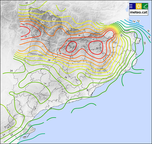 Mapa de dies de tempesta, mitjana anual del període 2004-2012 elaborat a partir de les dades de la XDDE de l’SMC, a partir d’una malla de 20 x 20 km.