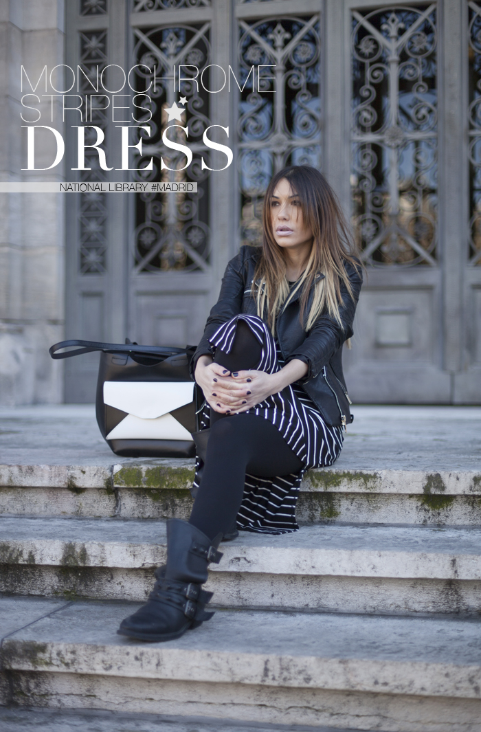 street style barbara crespo monochrome stripes dress pull and bear fashion blogger outfit madrid