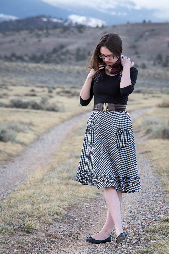 gingham skirt, modcloth, hell's bunny, scarf, winter, fall,