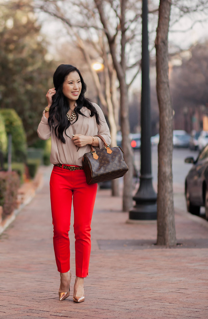 cute & little blog | red pants + neutral surplice drape top outfit
