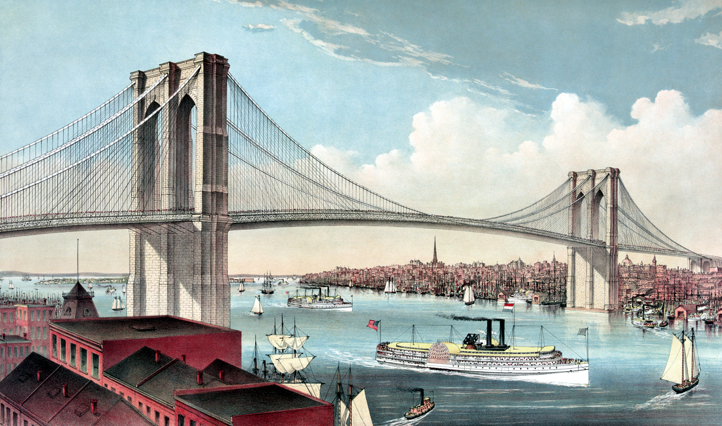 Brooklyn Bridge - connecting the cities of New York and Brooklyn, looking west, 1883
