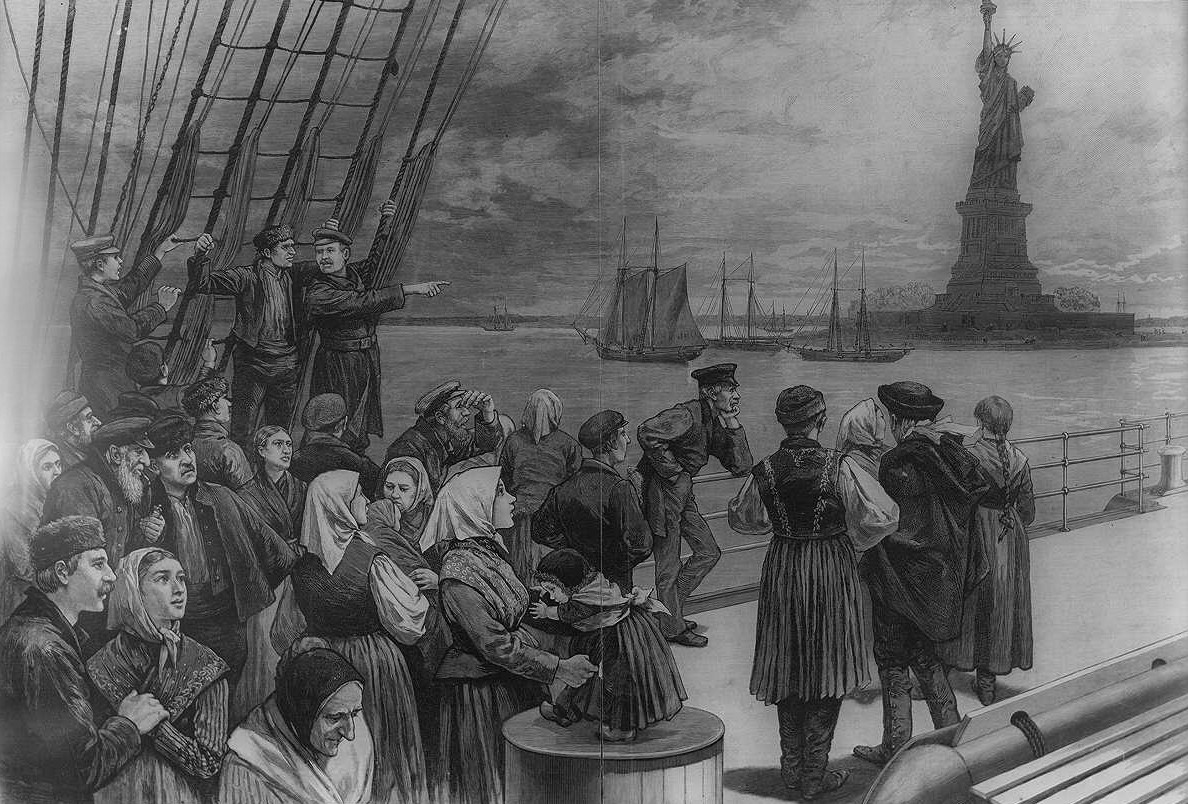 Welcome to the land of freedom - an ocean steamer passing the Statue of Liberty, 1887