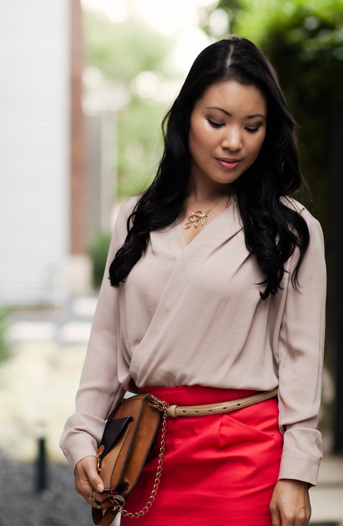 rose wrap top, coral red skirt, leopard pumps, melie bianco color block cross body purse outfit #ootd | petite fashion