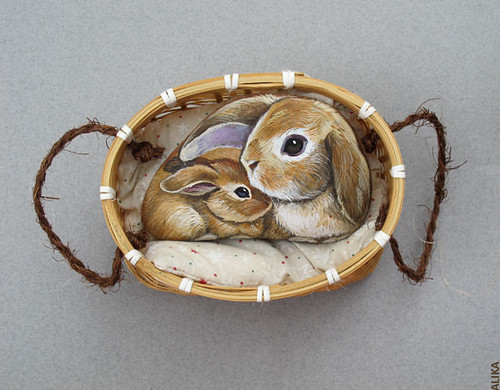 Bunnies Painted on the Rock. Cute Mother and Baby by Alika-Rikki