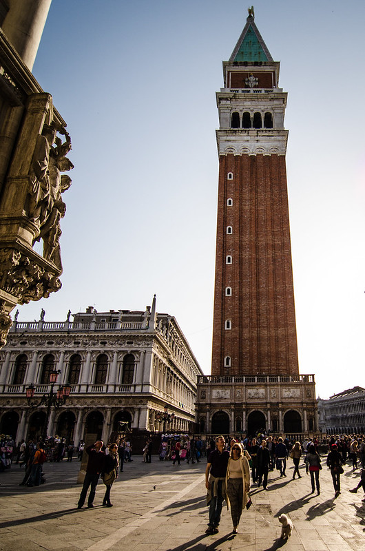 The St. Mark's Campanile in Venice at sunset.