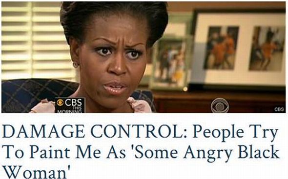 A headline of Michelle Obama saying people are trying to call her an angry black lady