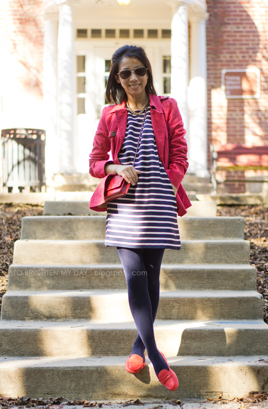 striped dress, red trench