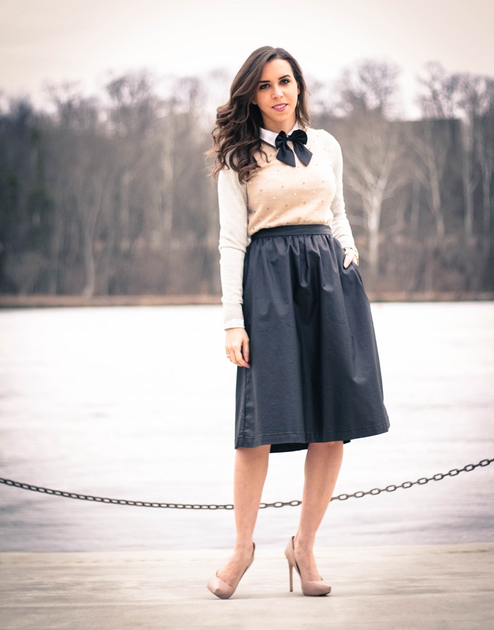 va darling. dc blogger. virginia personal style blogger. faux leather midi skirt. beaded sweater. women's bow tie. nude pumps. 2