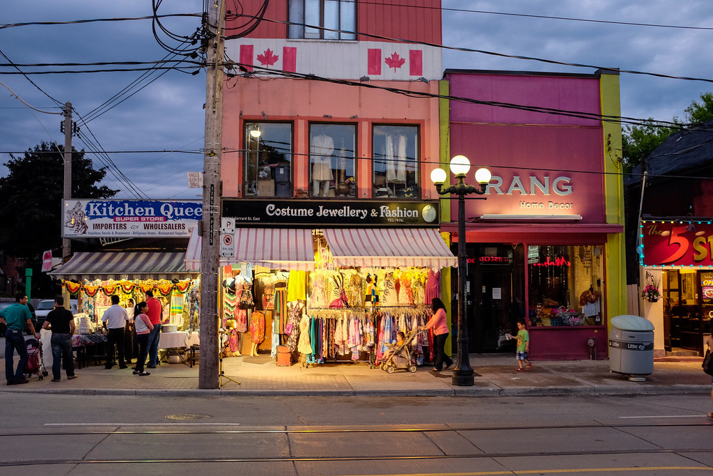 Gerrard Street East in Toronto, Ontario, shot at 1/40, f4 at ISO 1600.