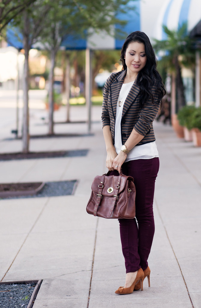 striped blazer, burgundy jeans, chevron necklace, sole society elisa pumps outfit #ootd