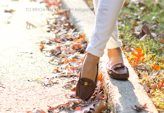 white jeans, brown loafers