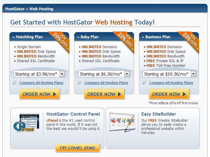 HostGator web hosting packages with discounts