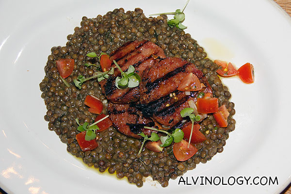 Chargrilled Italian sausage and braised lentils dressed up with salsa Rosso Crudo - S$29