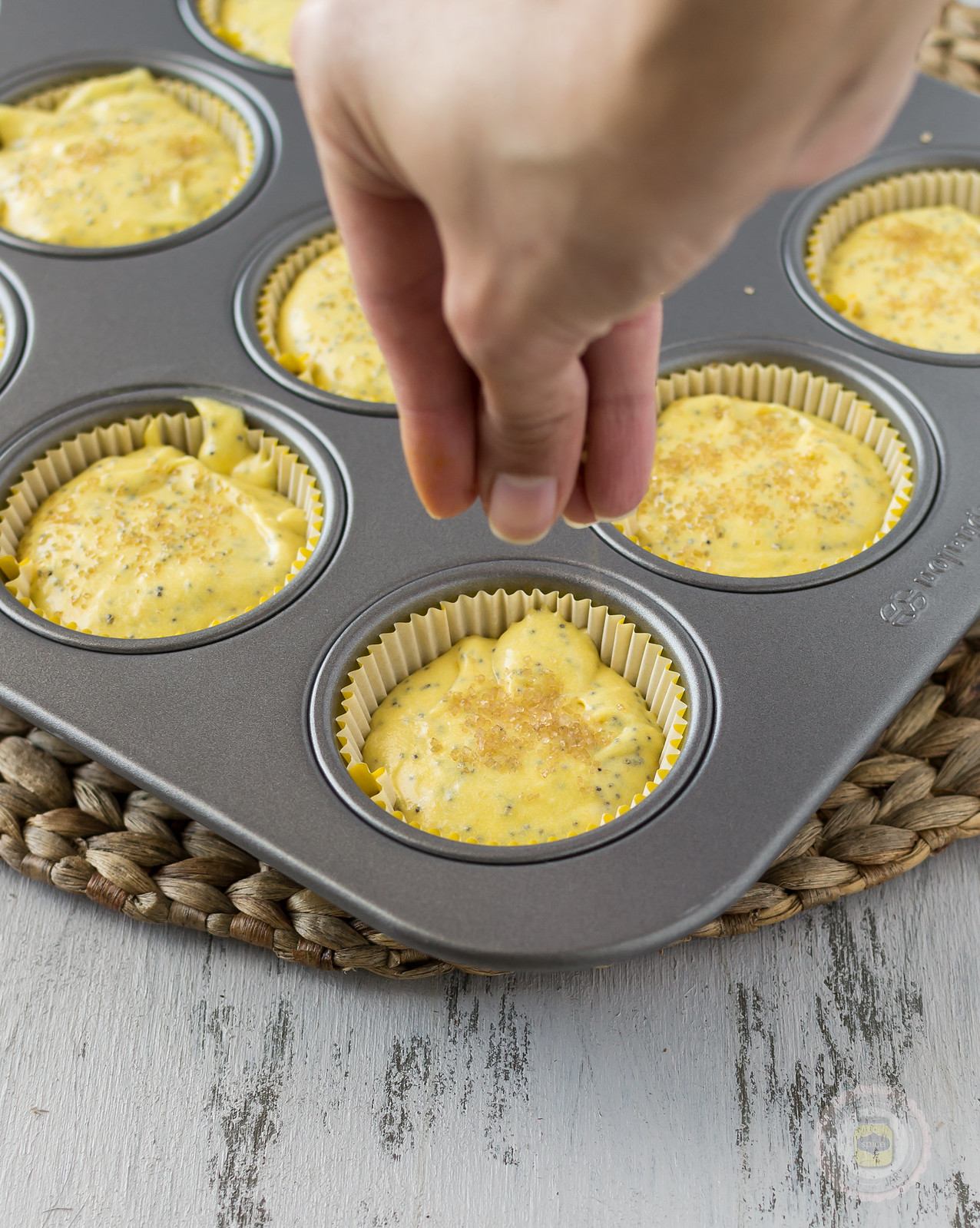 sprinkling poppyseeds on muffin batter in muffin liners in muffin tray