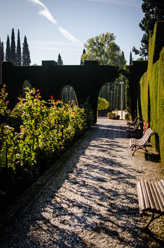 A peaceful spot in the lower Generalife gardens of the Alhambra complex in Granada, Spain.