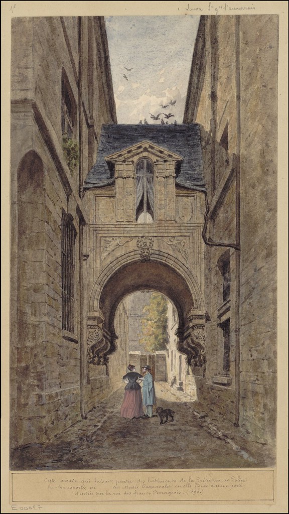 1890s sketch of man, woman & dog in arcade road beneath building arch