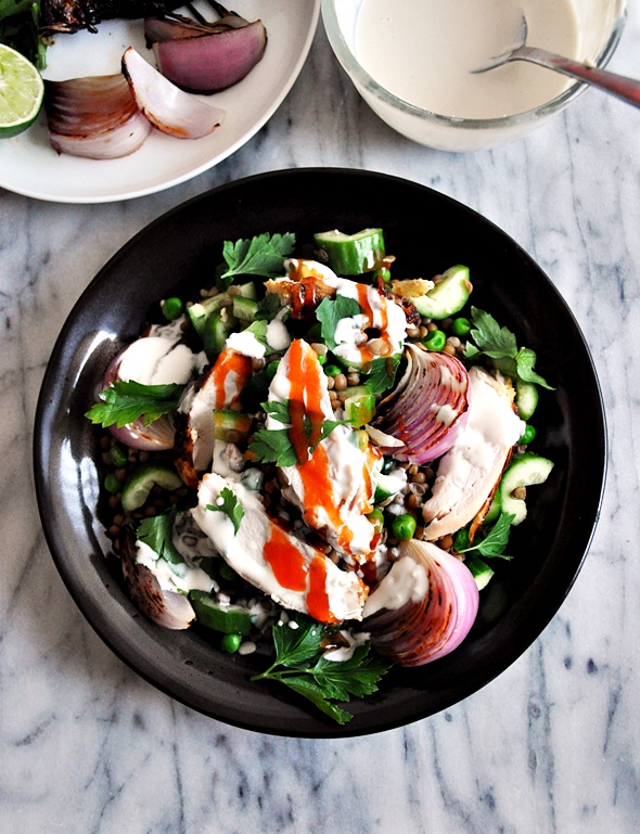Roast Chicken & Lentils Salad with Garlic-Tahini Dressing | www.fussfreecooking.com