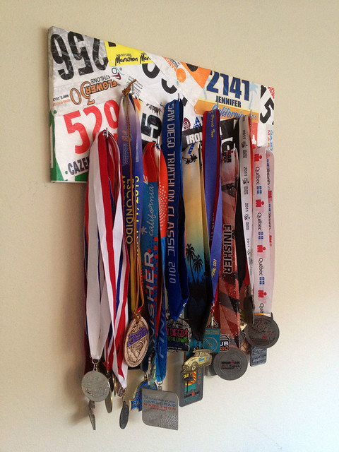 DIY triathlon medal display hanger or rack