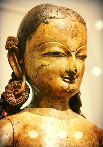 Lady Tara the savior, detail of statue, smile, earrings pinned through ear, 15th century, wood, Kathmandu Valley, Patan, Art Institute, Chicago, Illinois, USA by Wonderlane