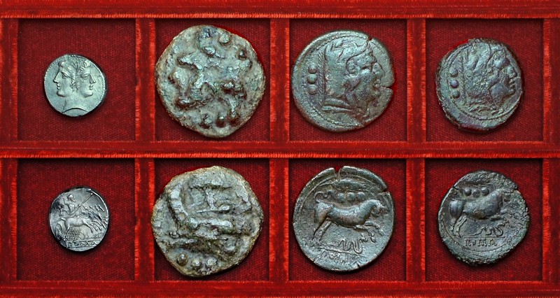 RRC 042 Sicily corn-ear Quadrigatus, RRC 40 corn-ear aes grave quadrans, RRC 42 corn-ear large, small quadrans, Ahala collection, coins of the Roman Republic