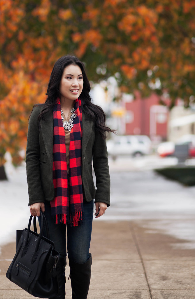 cute & little blog | olive wool blazer, buffalo plaid scarf, vince camuto bedina over the knee boots, statement necklace outfit