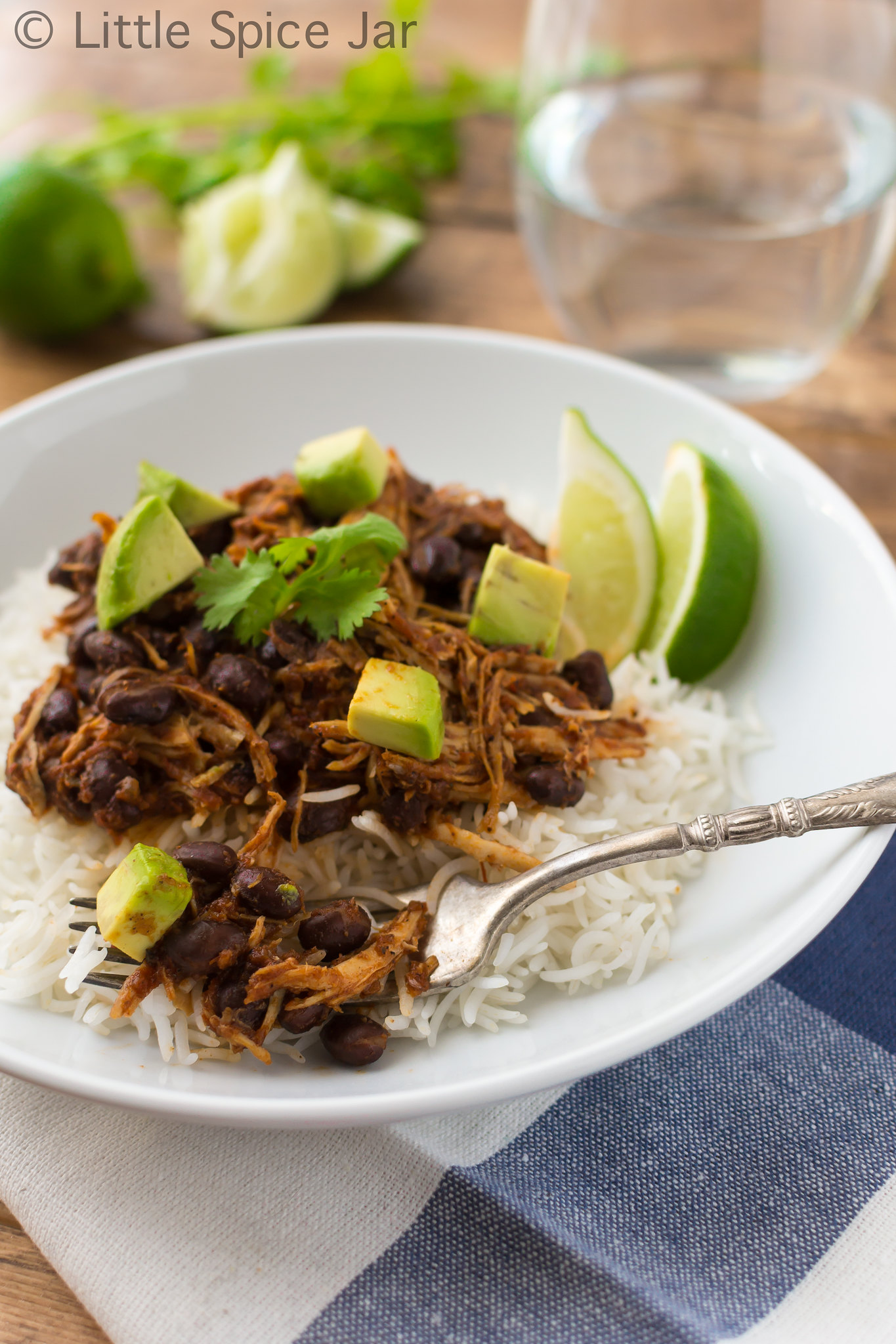 slow cooker salsa chicken white rice with diced avocados
