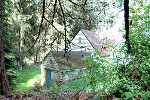 Park Manager's closed up house and storage building, turquoise green door, mossy roof, mossy branches, trees, forest, Seward Park, Seattle, Washington, USA by Wonderlane