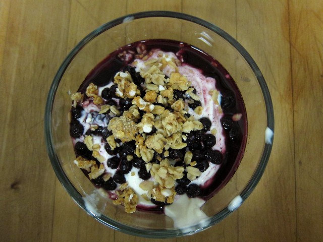 Breakfast - granola, blueberries, bananas and yogurt