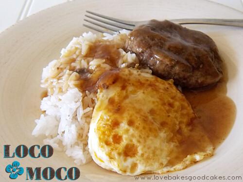 Hawaiian Loco Moco on plate and fork.