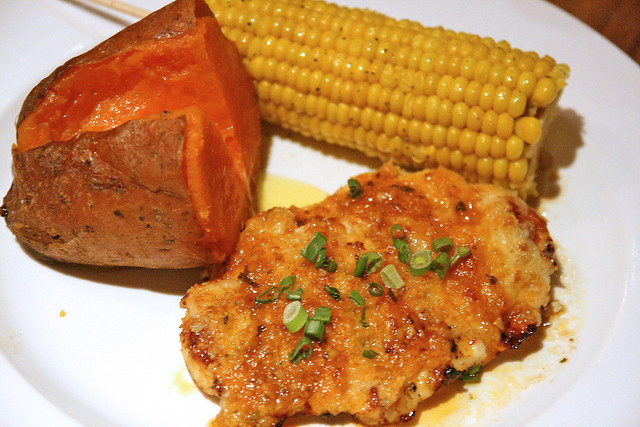 Parmesan Chicken with Smoked Sweet Potato and Corn on the Cob