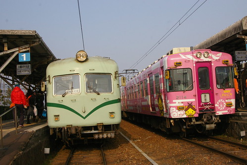 Ichibata3000series(left) and 2100series(right) in Kawato.Sta, Izumo, Shimane, Japan /Feb 24,2014
