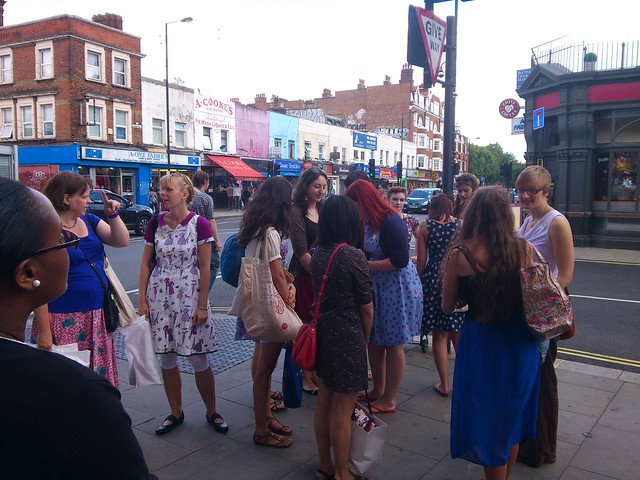 Sewing fans outside Goldhawk Road tube station