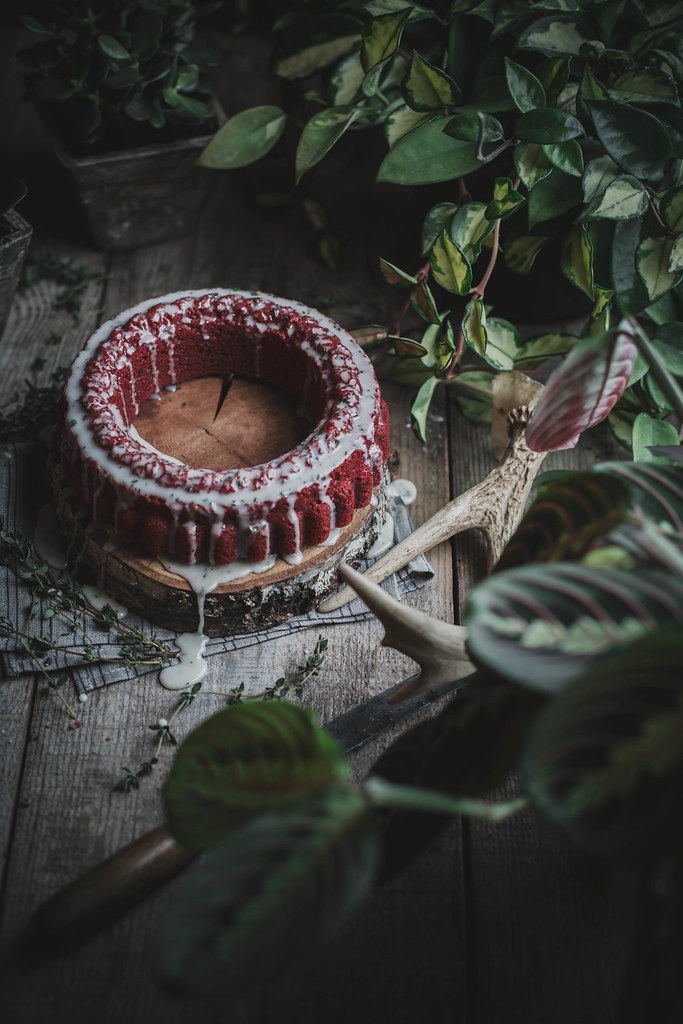 all natural red velvet cake + goat cheese thyme icing (dyed with beets!)