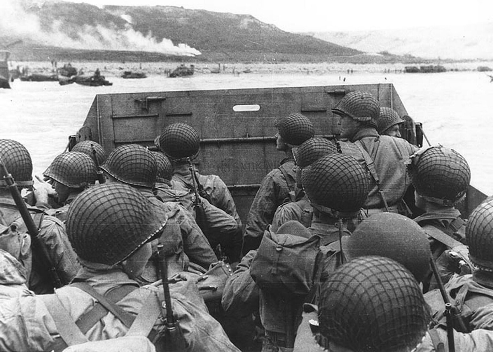 Troops in an LCVP landing craft approach Omaha Beach on D-Day, June 6, 1944