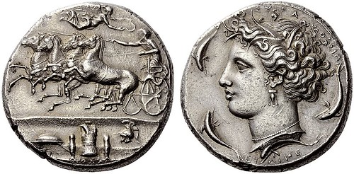 A Rare and Magnificent Greek Silver Dekadrachm of Syracuse (Sicily), Signed by Euainetos, Among the Finest Examples Known, a Masterpiece of Greek Numismatics by Ancient Art