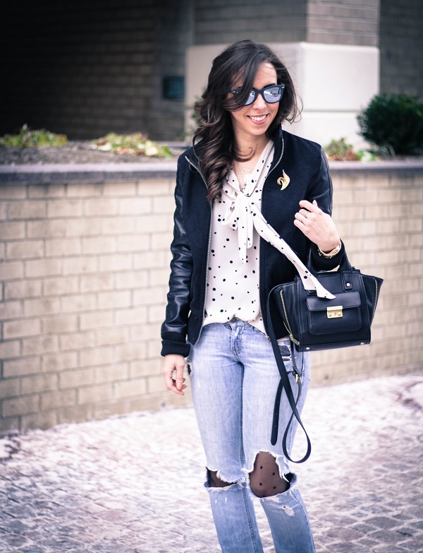 va darling. dc fashion blogger. virginia fashion blogger. faux leather sleeve bomber jacket. destroyed denim. polka dot tights. reflective ray-ban sunglasses. cold casual outfit. 2