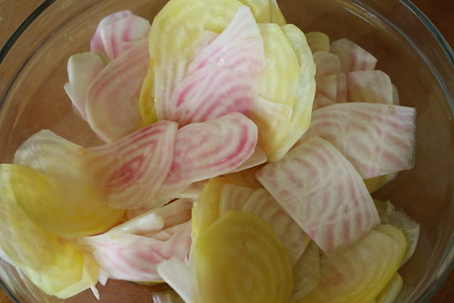 Finely sliced beetroot, delicate colours