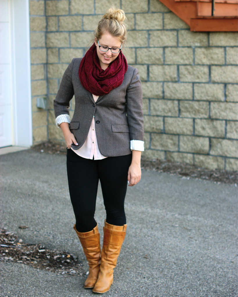 tweed blazer, frye boots, maroon scarf