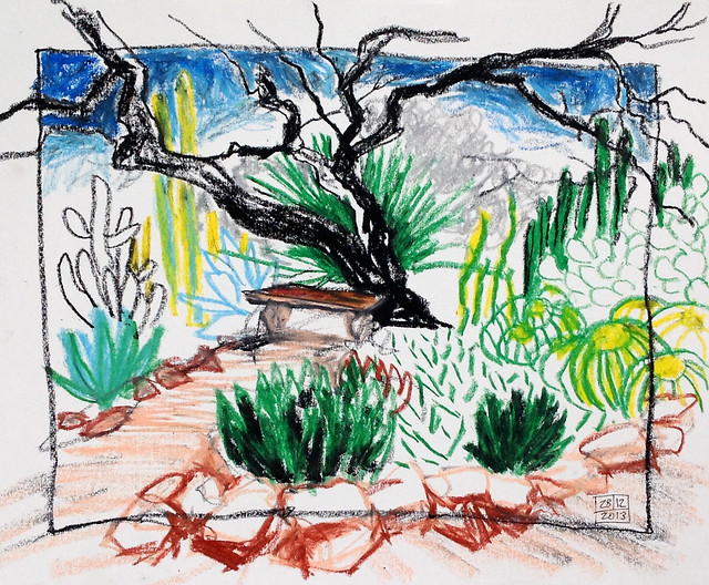 At the Tucson Botanical Gardens; oil pastel sketch