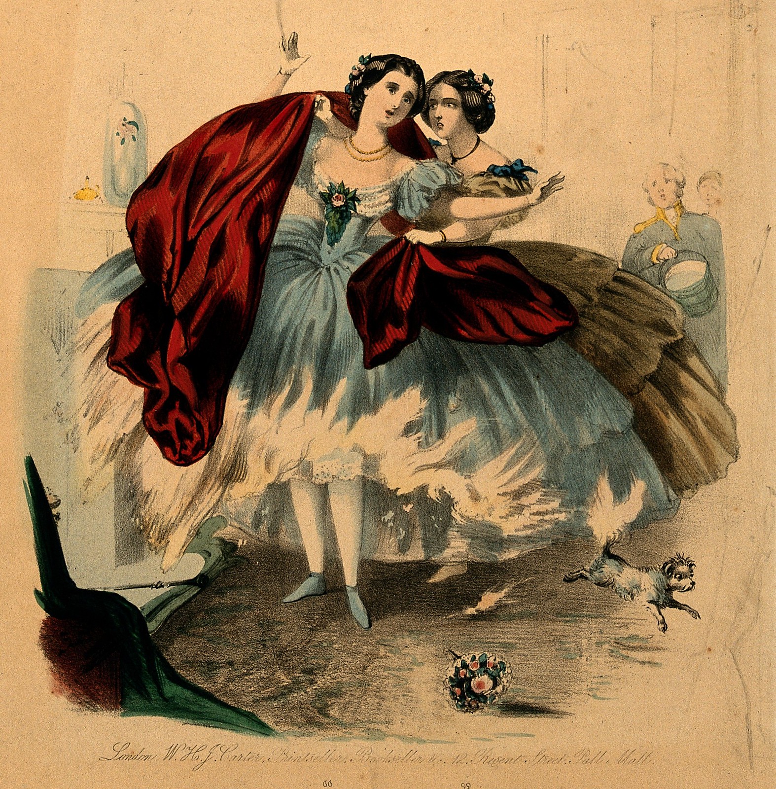c. 1860. Women wearing crinolines which are set on fire by flames from a domestic fireplace.