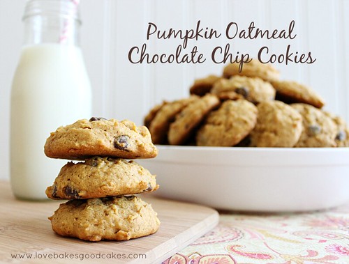 Pumpkin Oatmeal Chocolate Chip Cookies stacked up.