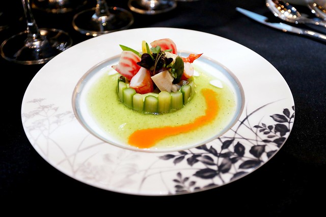 Green Asparagus Mousse Charlotte Style, Assiette de Fruit de Mer and Oscietra Caviar