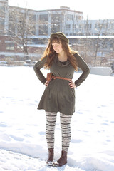 Snow Day Outfit: Anthropologie Alcott dress, fair isle tights, vintage brown leather riding boots, leather belt with pouch, felt Topshop hat, Forever 21 Aztec-print coat