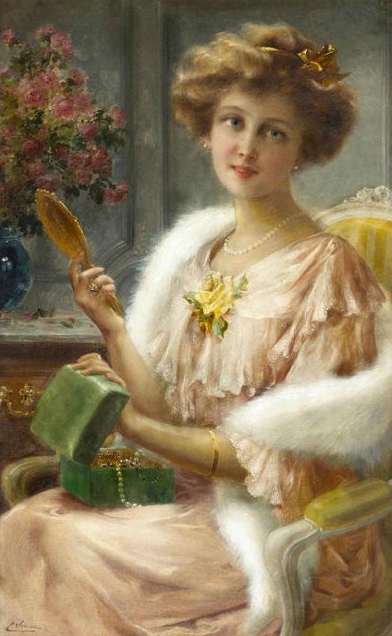 A young lady with a mirror by Emile Vernon, Date unknown