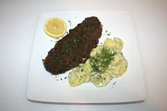 Seelachs mit Tomatenhaube an Dillkartoffeln / Coalfish with tomato coat on dill potatoes