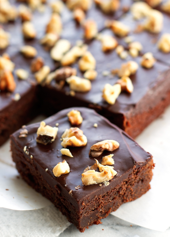 Super Fudgy Fudge Brownies - One bowl, dense brownies with a ganache style frosting and topped with toasted walnuts! #fudgebrownies #homemadebrownies #fudgybrownies #brownies | littlespicejar.com